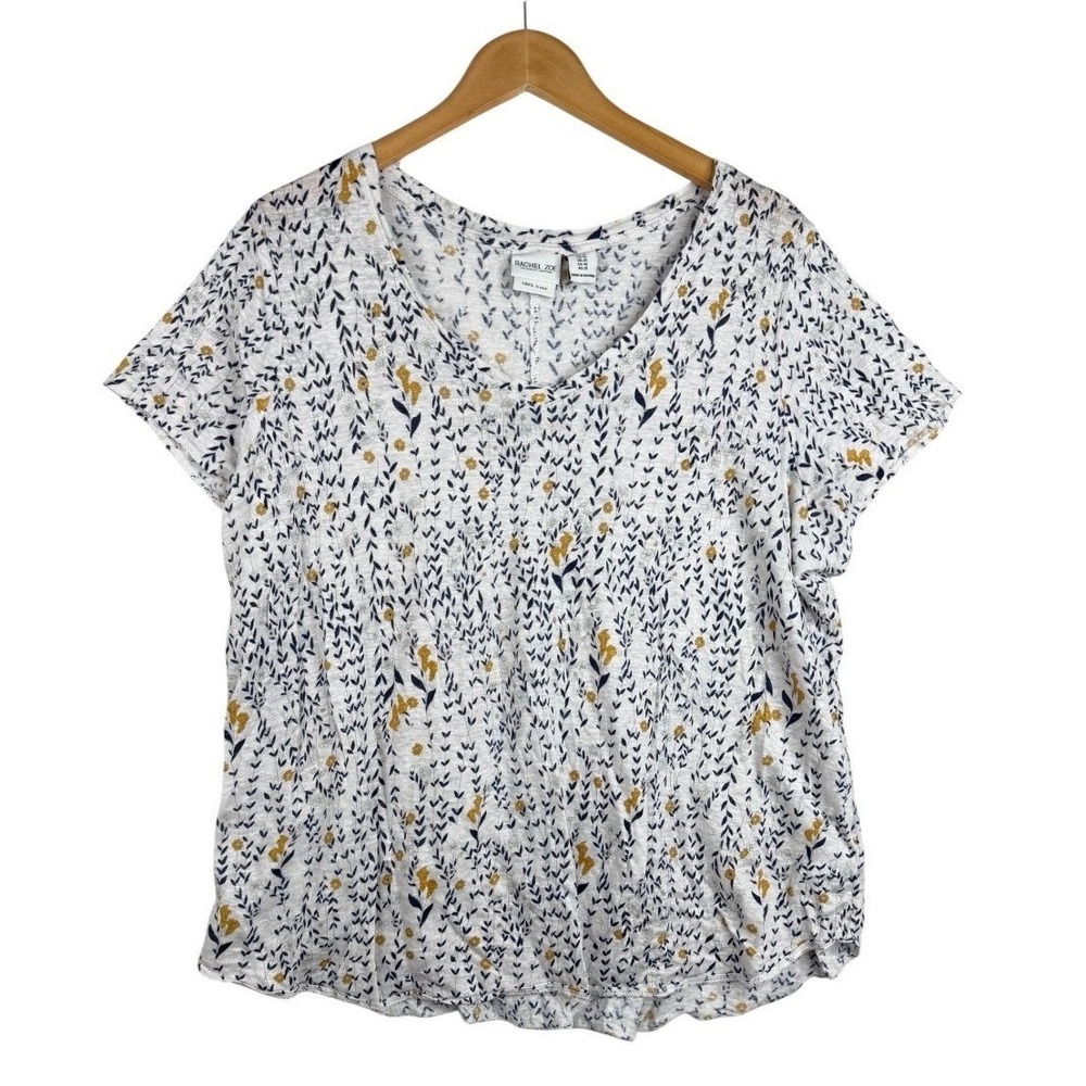 Rachel Zoe Top Women 1X Plus 100% Linen Floral V-Neck Half Sleeve Coastal